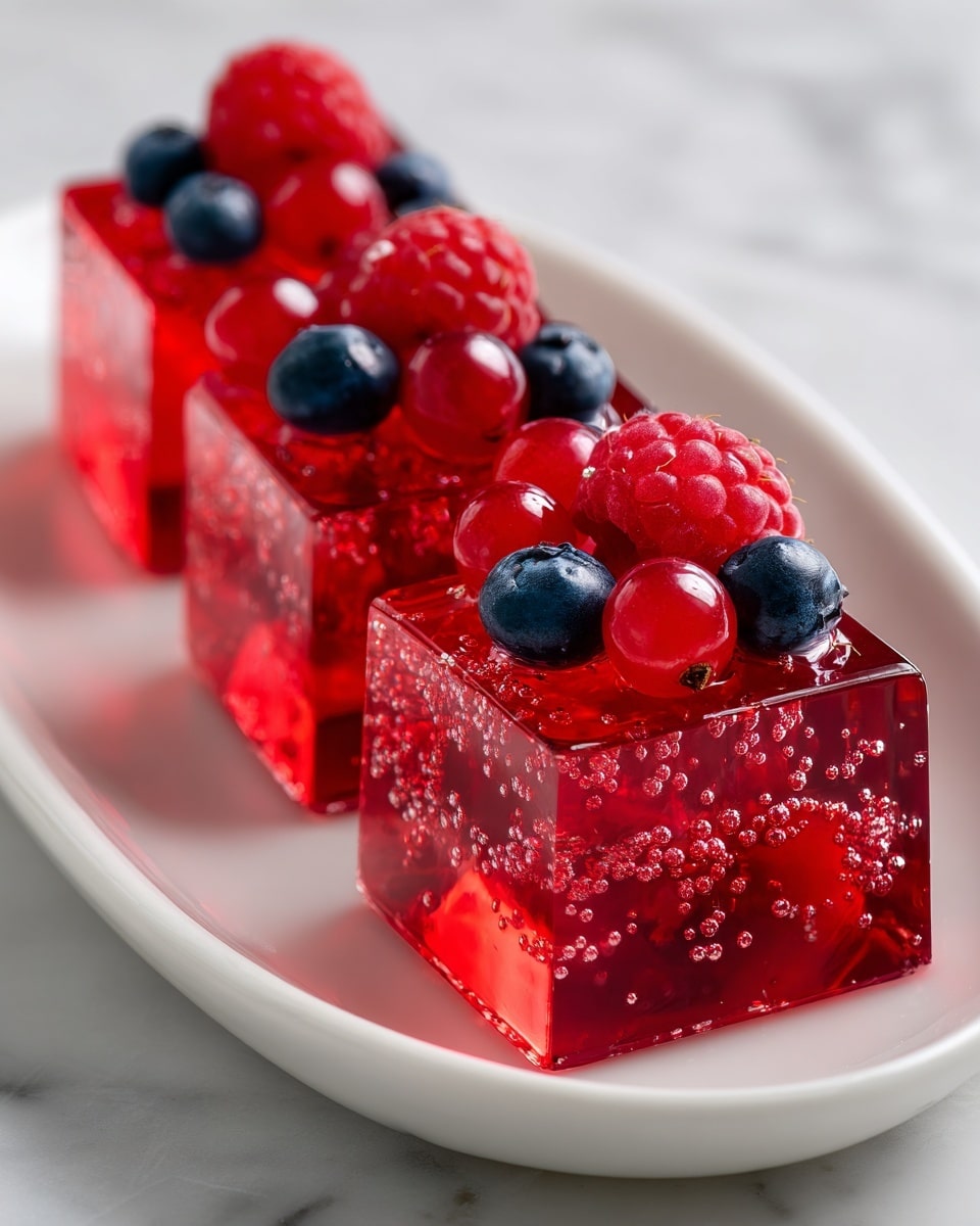 The image shows a white oval plate holding several bright red jelly cubes that are clear and shiny, each topped with fresh berries including red raspberries, blue blueberries, and small red currants. The jelly cubes are placed close together, with light reflecting off their smooth and slightly bumpy surfaces, and the berries add a soft, natural texture with their small seeds and smooth skins. The background is a white marbled texture. photo taken with an iphone --ar 4:5 --v 7