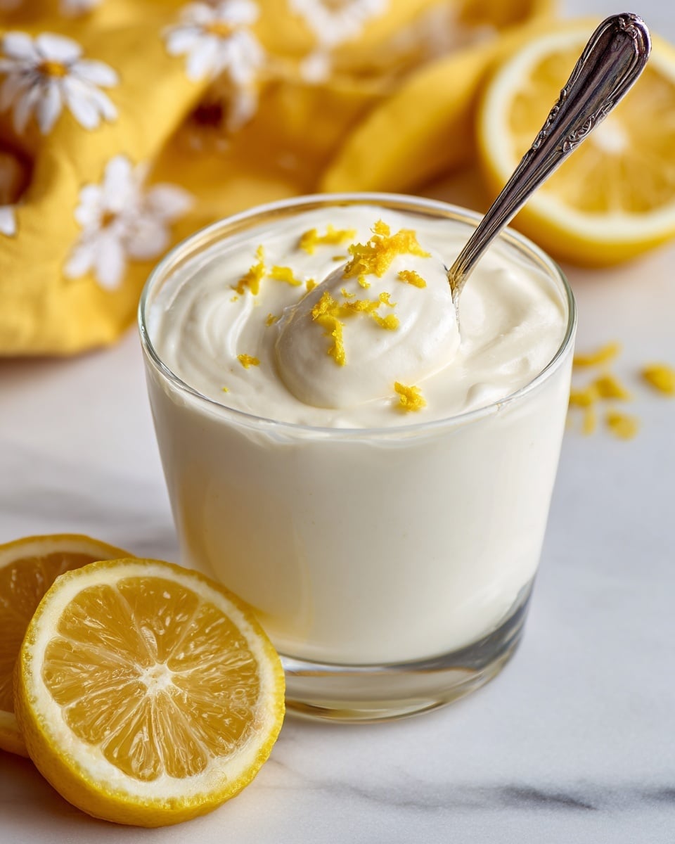 The image shows a clear glass cup filled with a single thick layer of smooth, creamy white lemon mousse topped with a few small yellow lemon zest pieces sprinkled lightly on top. A silver spoon, holding a scoop of the mousse with some lemon zest, is placed inside the cup. The cup is sitting on a white marbled surface next to three slices of fresh yellow lemon. In the background, there is a partially visible yellow cloth with white floral patterns. Photo taken with an iphone --ar 4:5 --v 7