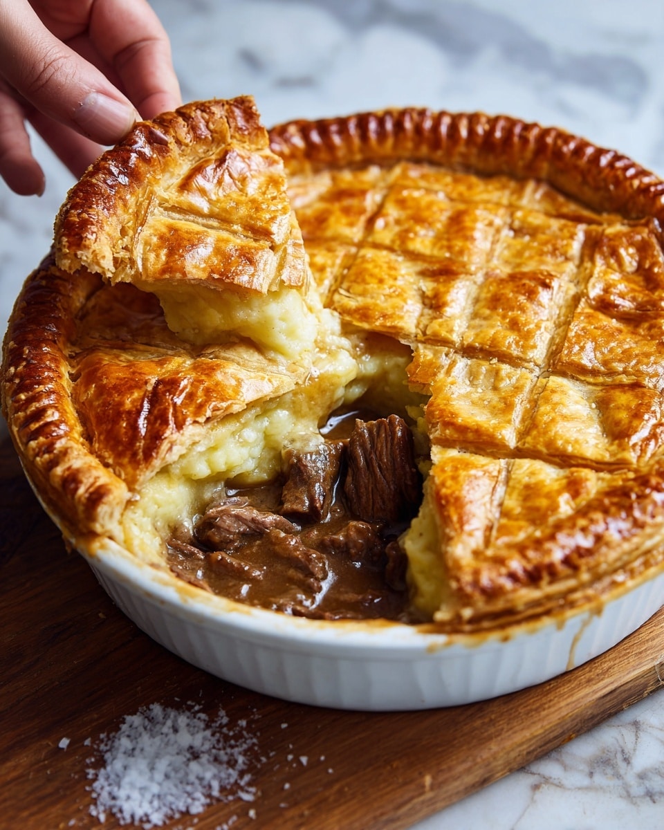 A white bowl filled with a savory beef pie that has a thick golden-brown crust on top, with a slightly shiny, flaky texture and a layered lattice pattern. The crust is partly cut open, revealing two layers inside: the top layer is creamy and light yellow in color, and the bottom layer shows tender, dark brown cooked beef chunks in rich gravy. The bowl sits on a wooden surface with a few grains of coarse salt nearby, and a woman's hand is seen holding a piece of the crust. The background features a white marbled texture. Photo taken with an iphone --ar 4:5 --v 7
