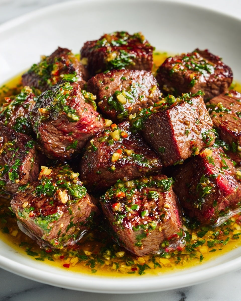 A close-up of small, seared beef cubes arranged in a shallow white bowl, each piece showing a dark brown, slightly crispy outside with a juicy pink center. The beef cubes are covered in shiny, golden oil with visible pieces of chopped green herbs and tiny bits of crushed garlic scattered on top. The rich, moist texture of the meat contrasts with the fresh greenery, and the bowl sits on a white marbled surface. Photo taken with an iphone --ar 4:5 --v 7