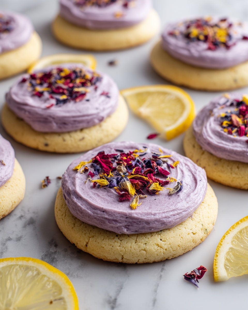 The image shows several round, soft cookies laid out on a white marbled surface. Each cookie has two layers: a pale yellow base with a slightly crumbly texture and a thick, smooth light purple frosting spread evenly on top. The frosting is garnished with small bits of dried flower petals in dark purple, yellow, and red, adding a splash of color to the cookies. There are also a few lemon slices placed next to the cookies, lending a fresh and bright touch to the scene. photo taken with an iphone --ar 4:5 --v 7
