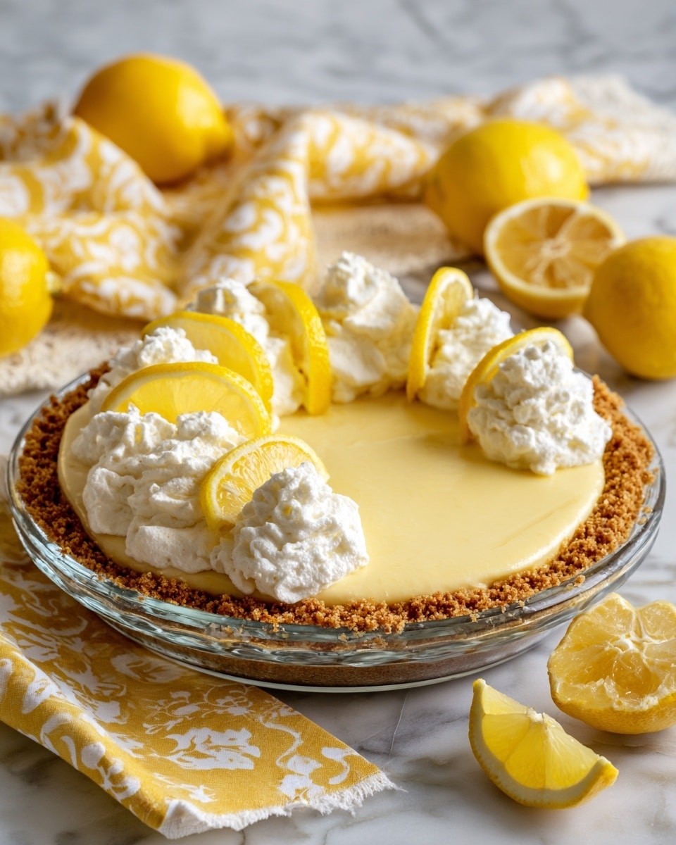 A lemon pie is shown in a clear glass pie dish with a crumbly golden brown crust around the edge. Inside the crust, the filling is smooth and creamy pale yellow, covering the whole base. On top, there are three dollops of white whipped cream arranged in an arc near one side, each topped with thin lemon slices that are bright yellow with visible texture and seeds. Around the pie container, there are whole and halved lemons placed on a white marbled surface, and a yellow striped cloth is in the top background. A metal pie server rests beside the pie. Photo taken with an iphone --ar 4:5 --v 7
