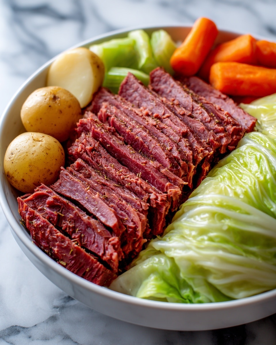 A white bowl filled with several thick slices of shredded, deep reddish-brown corned beef layered in the center, showing a fibrous texture with spices scattered on the meat. On the left side of the bowl, there are small round golden-brown potatoes, pale green celery pieces, and bright orange thick carrot slices. On the right side, there are several large, soft, pale green cabbage leaves layered loosely, with a cooked and slightly shiny texture. The entire bowl is placed on a white marbled surface. photo taken with an iphone --ar 4:5 --v 7
