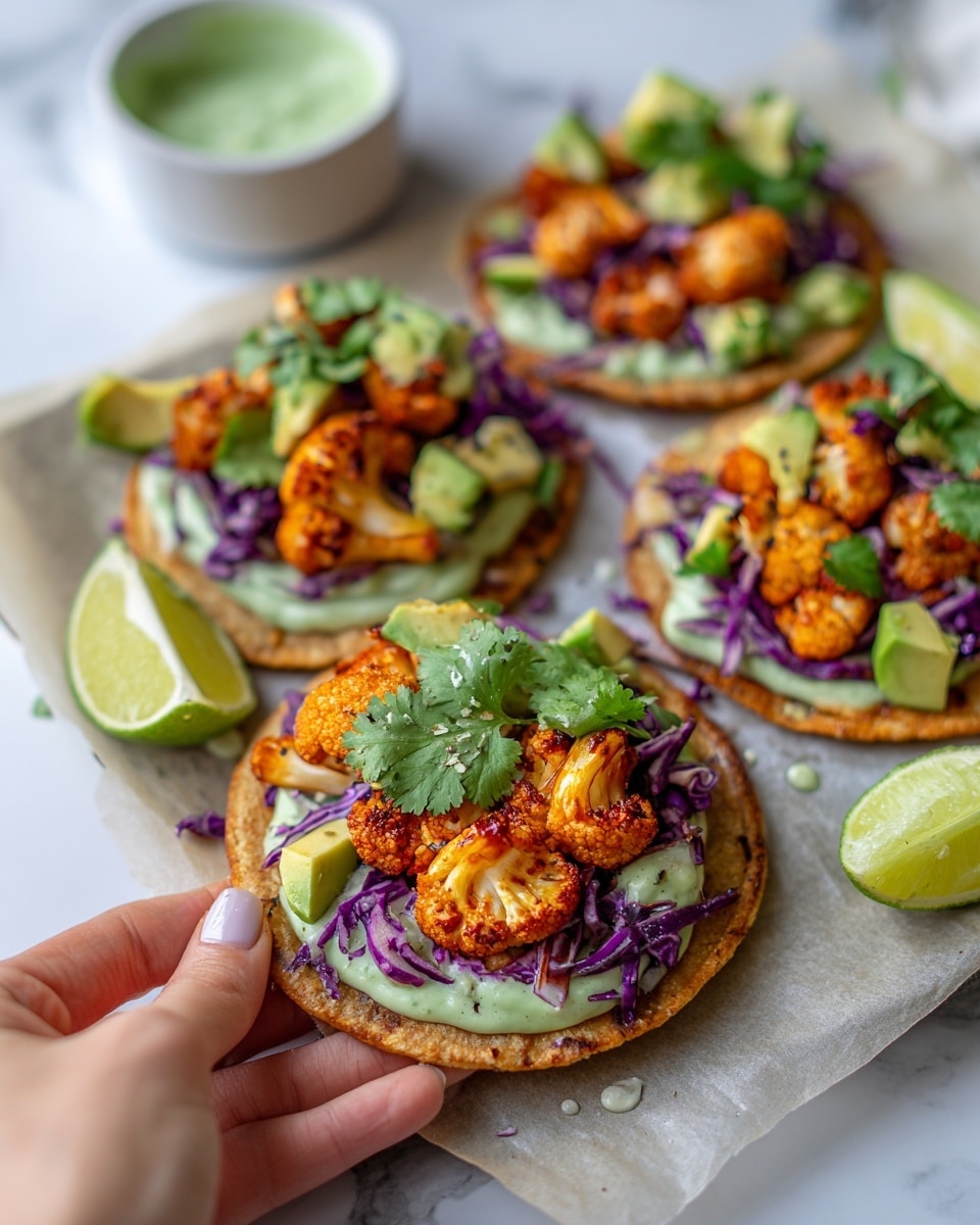 The image shows three small tostadas on a parchment-lined tray set on a white marbled surface. Each tostada has a crispy toasted tortilla base with a green creamy sauce spread evenly on top. On this sauce, there are roasted cauliflower florets with a golden-orange color, scattered purple cabbage shreds, and chunks of fresh green avocado. Bright green cilantro leaves are sprinkled over everything. Lime wedges are placed on the tray as garnish, with extra green sauce in a white bowl nearby. The scene includes part of a woman's hand holding one tostada, suggesting a fresh and vibrant meal. Photo taken with an iphone --ar 4:5 --v 7