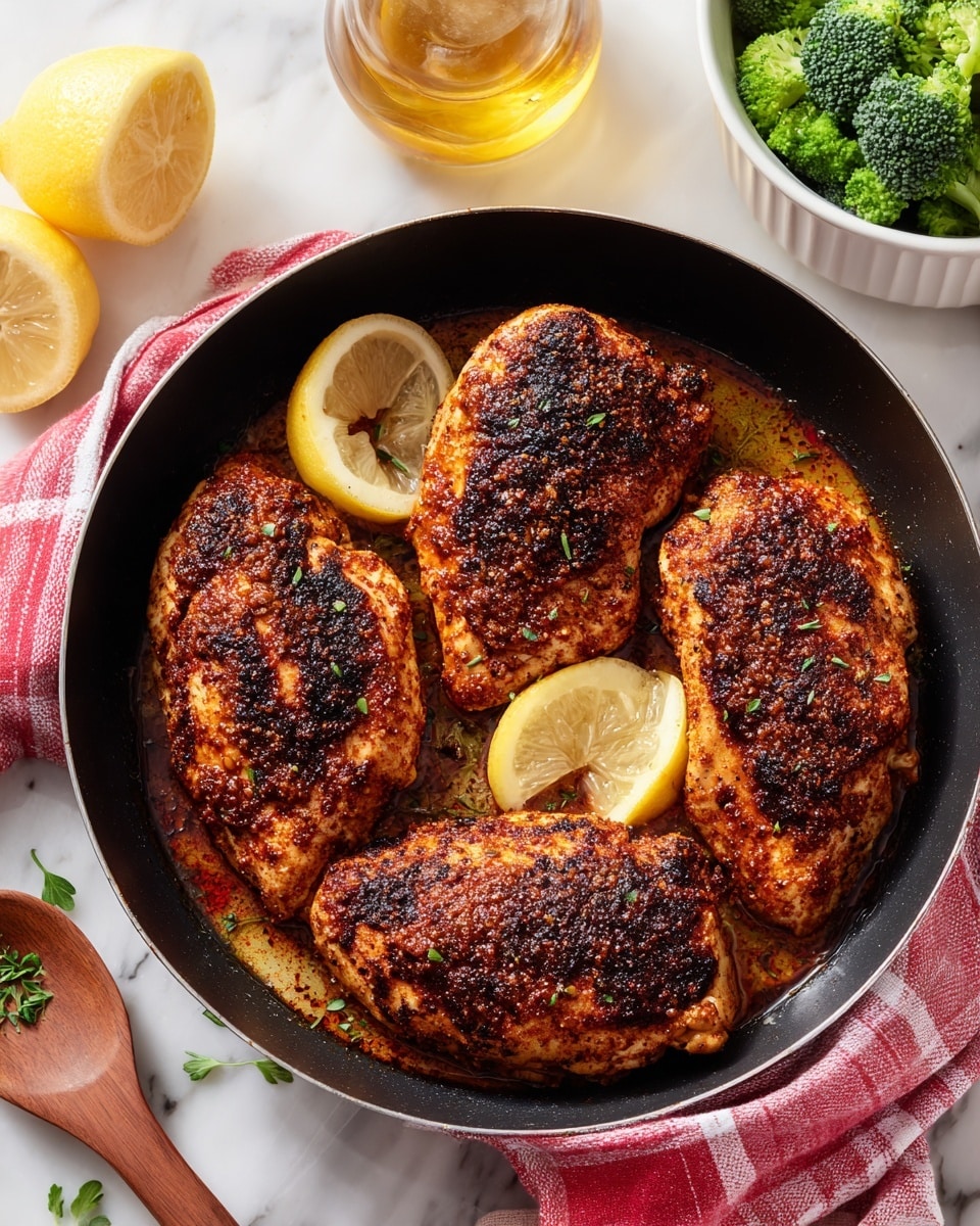 The image shows four thick pieces of cooked chicken breast in a black cast iron pan. Each chicken breast is covered with a dark brown, slightly charred, crispy crust with shades of reddish-brown seasoning visible. The chicken pieces are placed close together, filling the pan. In the background, there is a white bowl with bright green broccoli, a small bottle of yellow oil, and halved lemons with a vibrant yellow color. A red and white checkered cloth is partially visible on a white marbled surface. photo taken with an iphone --ar 4:5 --v 7