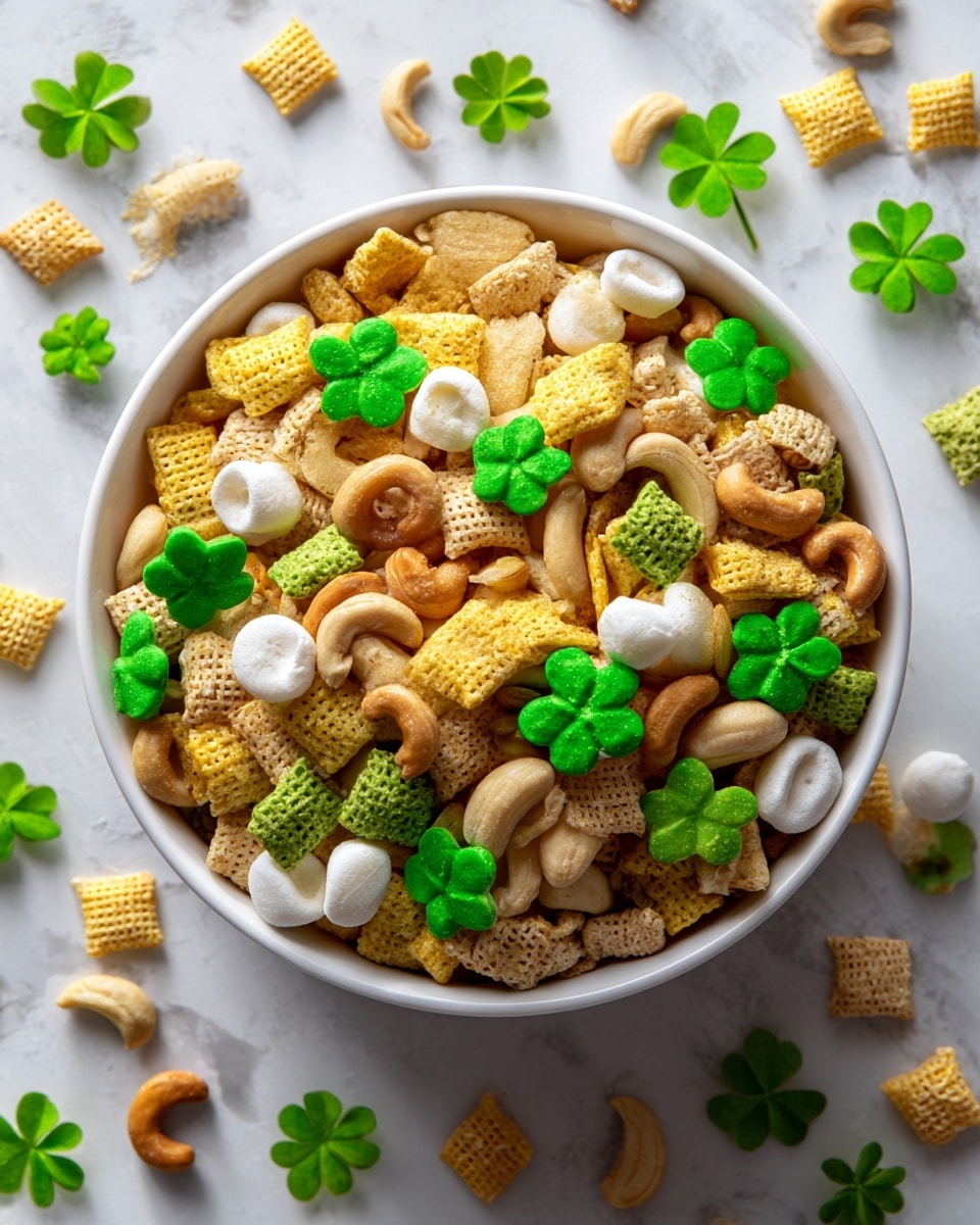 A green bowl is filled with a colorful mix of snack pieces. The base layer is light brown, made of small cereal squares and golden nut-shaped crackers. Scattered on top are pale white and cream-colored round and oval nuts, along with larger cream-colored yogurt-coated pretzels and loops. Bright green candy pieces shaped like flowers and small round balls add a splash of color, some coated in sugar for a sparkly texture. The bowl rests on a white marbled surface with a few green flower-shaped candies scattered outside it. Photo taken with an iphone --ar 4:5 --v 7