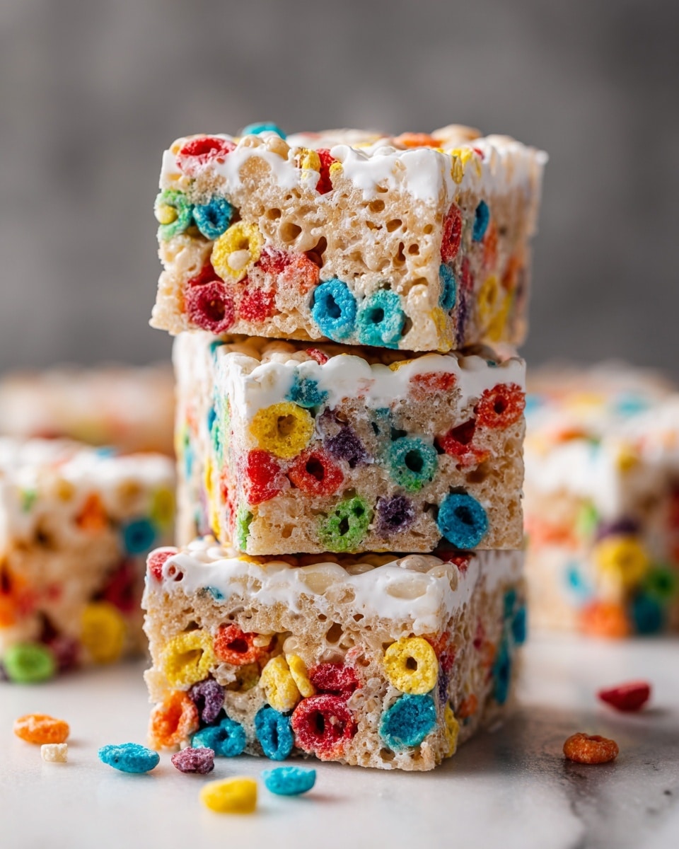 A close-up shot of four stacked square cereal treats made from puffed rice cereal mixed with colorful round fruity pieces. Each treat shows a textured, light beige base with a glossy white marshmallow coating drizzled unevenly on the top and sides, holding the layer together. The fruity cereal bits scattered throughout the treats add bright blue, red, orange, green, pink, and yellow colors, creating a cheerful, speckled pattern. Some fruity cereal pieces are scattered on a white marbled surface around the stack, and the background is softly blurred in gray tones. Photo taken with an iphone --ar 4:5 --v 7