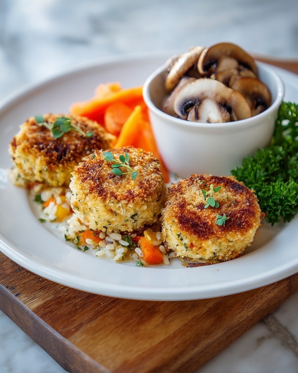 Three round golden-brown patties with a crispy texture sit on a white speckled plate. Underneath them is a layer of mashed potato mixed with small orange carrot pieces and bits of green herbs. To the side, a small white bowl holds sliced cooked mushrooms and carrot rounds, with some spilling onto the plate. Fresh green parsley leaves are scattered around the plate edges for garnish. The plate rests on a wooden board, and the background is a white marbled texture. Photo taken with an iphone --ar 4:5 --v 7