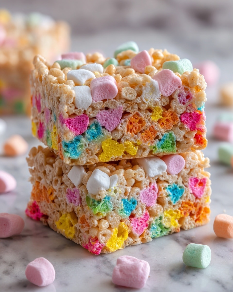 The image shows a close-up of two stacked marshmallow cereal treats made from puffed rice cereal and colorful marshmallow bits. The treats have a light beige base color from the cereal, with bright pink, green, yellow, blue, and orange marshmallow pieces scattered throughout. The texture looks soft and slightly sticky, with the edges appearing well pressed together. The treats are on a white marbled surface with blurred colorful cereal pieces in the background. Photo taken with an iphone --ar 4:5 --v 7