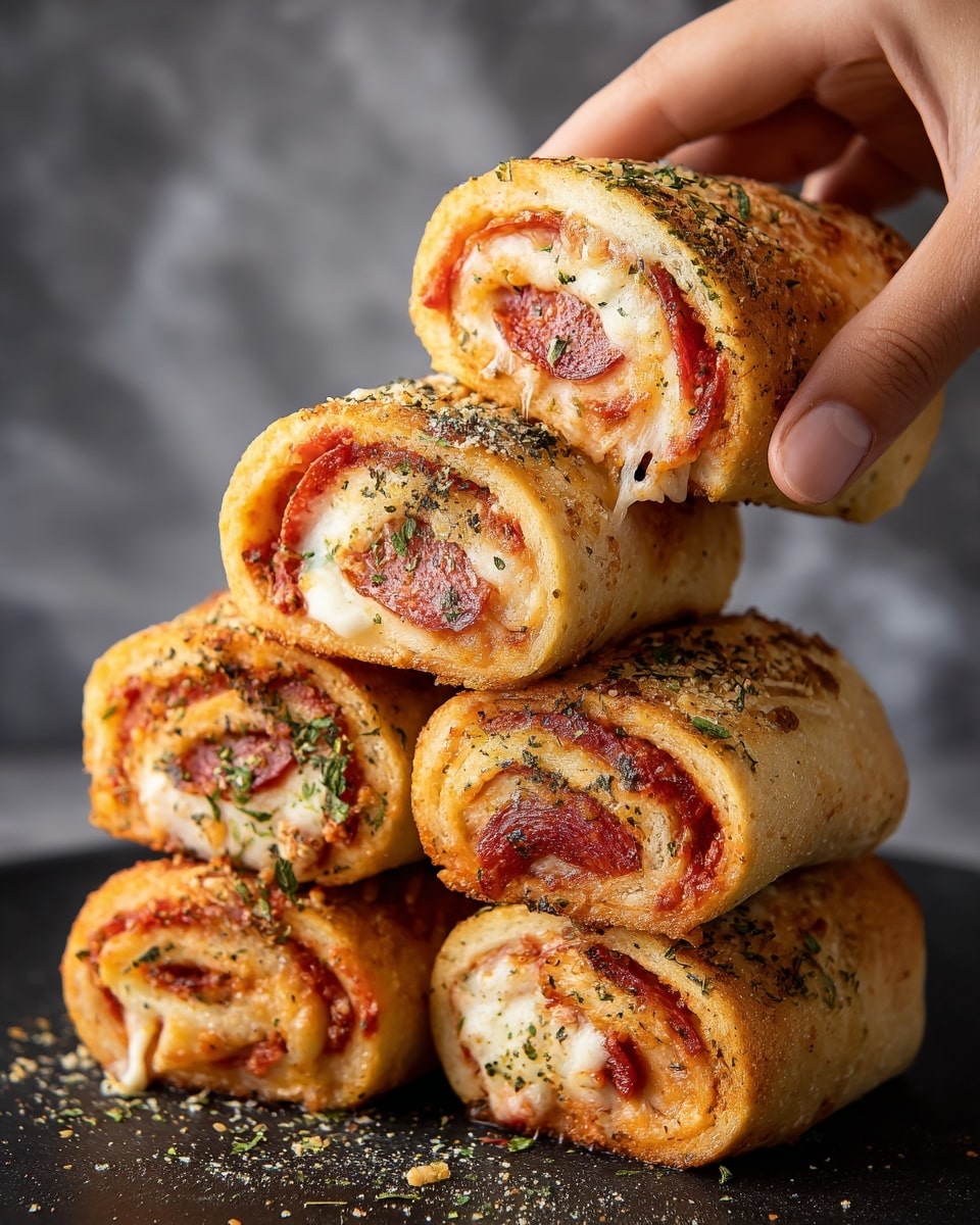 The image shows a stack of six golden-brown pepperoni pizza rolls on a dark surface, each roll sprinkled with dried herbs on top. The rolls have a crispy outer crust with some visible browning and are tightly rolled with the ends tucked in. Above, a close-up view displays one pizza roll cut in half, revealing layers inside: a crispy golden crust, melted white cheese mixed with patches of red tomato sauce, and slices of pepperoni, all topped with a few flecks of green herbs. A woman's hand is holding the cut roll, with a soft white marbled background behind. photo taken with an iphone --ar 4:5 --v 7
