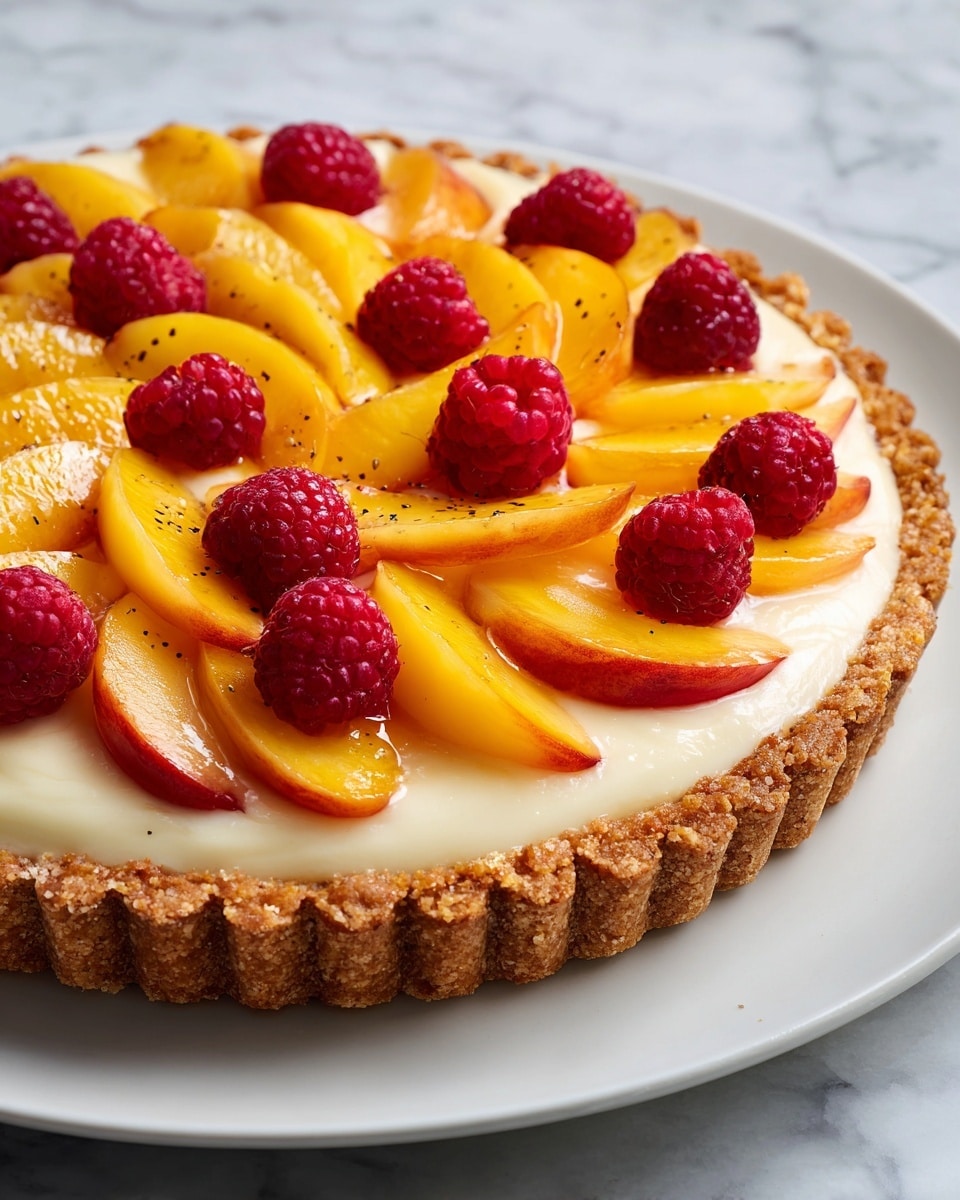 A fruit tart with three clear layers is shown on a white marbled texture. The bottom layer is a golden-brown, flaky crust with a slightly crinkled edge and a crispy texture. The middle layer is smooth, creamy, and pale yellow, evenly spread inside the crust. The top layer has thin, glossy peach slices arranged in a circular pattern, with whole red raspberries scattered on top, giving a fresh, juicy look with small black specks sprinkled over the cream. The tart sits on a silver round tray. Photo taken with an iphone --ar 4:5 --v 7