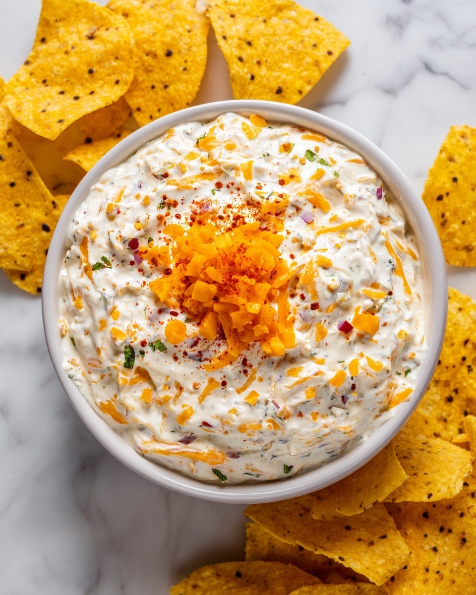 A white ramekin filled to the top with a creamy white dip mixed with small pieces of orange shredded cheese and tiny bits of green herbs and red peppers is centered in the image. On top, there is a mound of bright orange shredded cheese sprinkled with a light dusting of red seasoning. Surrounding the ramekin are yellow corn tortilla chips with a rough texture and small dark spots. The dish is placed on a surface with a white marbled texture. photo taken with an iphone --ar 4:5 --v 7