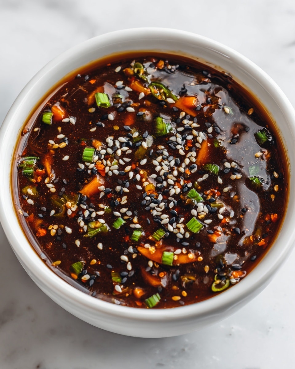A close-up view of a glossy, dark reddish-brown sauce with a thick texture, filled with small white and black sesame seeds scattered throughout, and visible pieces of green onion floating inside. The sauce has a shiny surface that reflects light, and the edge of a white bowl containing the sauce is shown against a white marbled texture. photo taken with an iphone --ar 4:5 --v 7