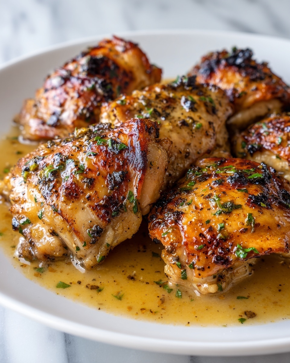 The image shows a close-up of grilled chicken thighs arranged on a white plate, each piece browned and charred with a golden-black crust. The chicken sits in a pool of thick, rich-looking brown sauce, which has a slightly oily shine. Bright green chopped herbs are scattered on top of the chicken and sauce, adding a fresh pop of color. The background is kept soft and warm, highlighting the juicy texture of the meat and the moist sauce underneath. photo taken with an iphone --ar 4:5 --v 7