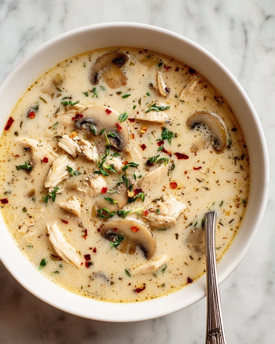 A white bowl filled with a creamy soup showing several thick pieces of shredded chicken and sliced mushrooms throughout, with green herbs and seasonings sprinkled on top. The soup has a smooth, light beige color with visible small bits of spice and fresh herb leaves giving texture, all resting on a white marbled surface. Photo taken with an iphone --ar 4:5 --v 7