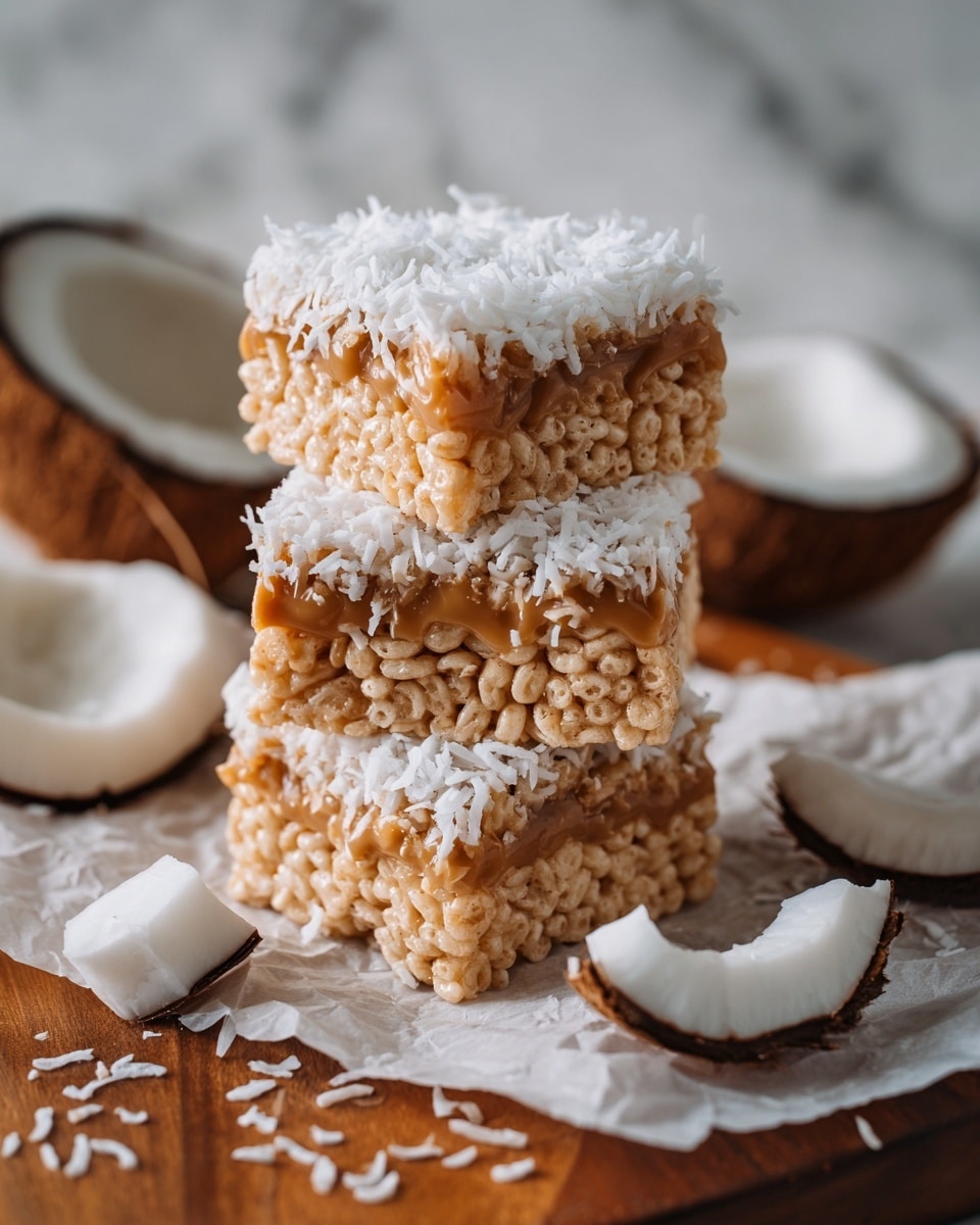 The image shows four small square treats made from puffed rice with a golden caramel coating, stacked on white parchment paper over a white marbled surface. Each square is topped with a thick layer of white shredded coconut flakes, adding texture and contrast to the caramel-colored rice layer. Two of the squares are stacked on top of each other in the center, while the other two sit separately around them. In the background and foreground, partially visible pieces of cracked coconut shell with white coconut flesh add context to the ingredients. The light highlights the glossy caramel and the soft texture of the coconut flakes, making the snack look fresh and appetizing. Photo taken with an iphone --ar 4:5 --v 7