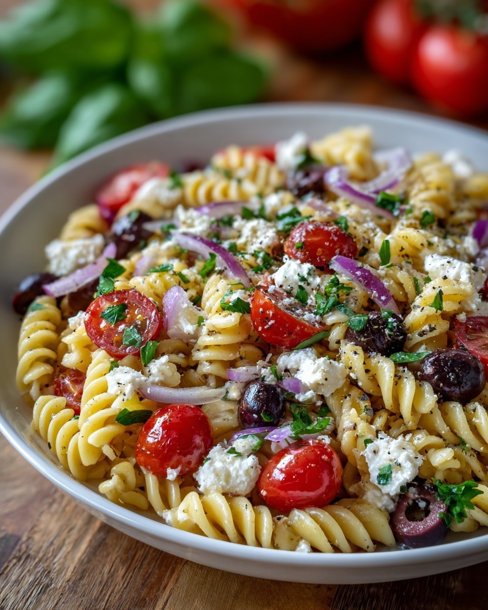 The dish is a colorful pasta salad served in a white bowl placed on a white marbled surface. The base layer is made of light orange spiraled rotini pasta, mixed evenly throughout the bowl. Scattered on top are bright red cherry tomato halves, small slices of purple-red onions, and black olive rings. There are also chunks of white creamy feta cheese and fresh green basil leaves distributed throughout the salad. The dish is sprinkled with black pepper and light green chopped herbs, adding texture and color contrast. The overall look is fresh, vibrant, and appetizing. photo taken with an iphone --ar 4:5 --v 7