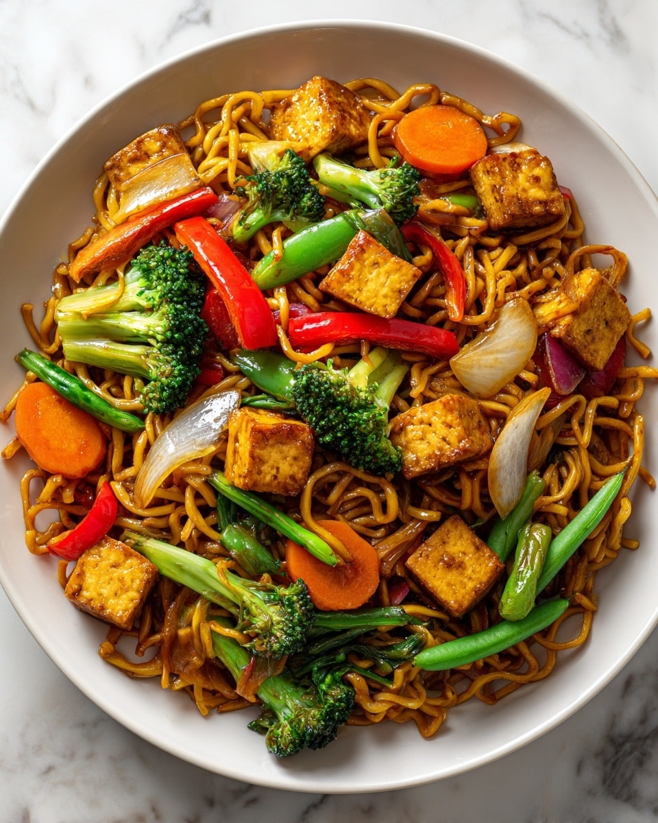 A white plate filled with a single layer of stir-fried noodles that have a light brown glossy sauce coating them, mixed evenly with bright green broccoli florets, small golden-brown tofu cubes, orange carrot chunks, white onion pieces, red bell pepper slices, and green beans, all colors vibrant and textures varied from soft noodles to crisp vegetables, sits on a white marbled surface. The dish looks warm and seasoned with small black pepper specks visible on the tofu and vegetables. photo taken with an iphone --ar 4:5 --v 7