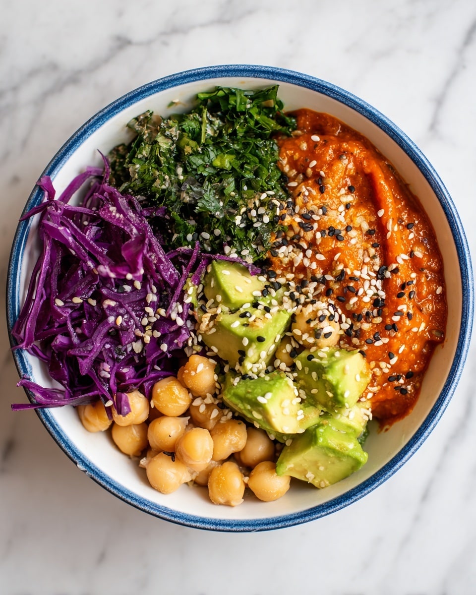 A white bowl with a blue rim contains five layers of ingredients arranged in separate sections. Starting from the bottom center, there are light beige chickpeas with a smooth texture and a slight sheen. To their right, bright green chunks of creamy avocado are placed with some black and white sesame seeds sprinkled on top. Above the chickpeas, an orange-red sauce with a chunky texture covers part of the bowl and is sprinkled with sesame seeds and chili flakes. To the left of the sauce, fresh dark green chopped herbs, likely parsley or cilantro, fill one-quarter of the bowl. Below the herbs, thin strips of vibrant purple cabbage add a crunchy texture and are also lightly sprinkled with sesame seeds. The bowl sits on a white marbled surface. photo taken with an iphone --ar 4:5 --v 7