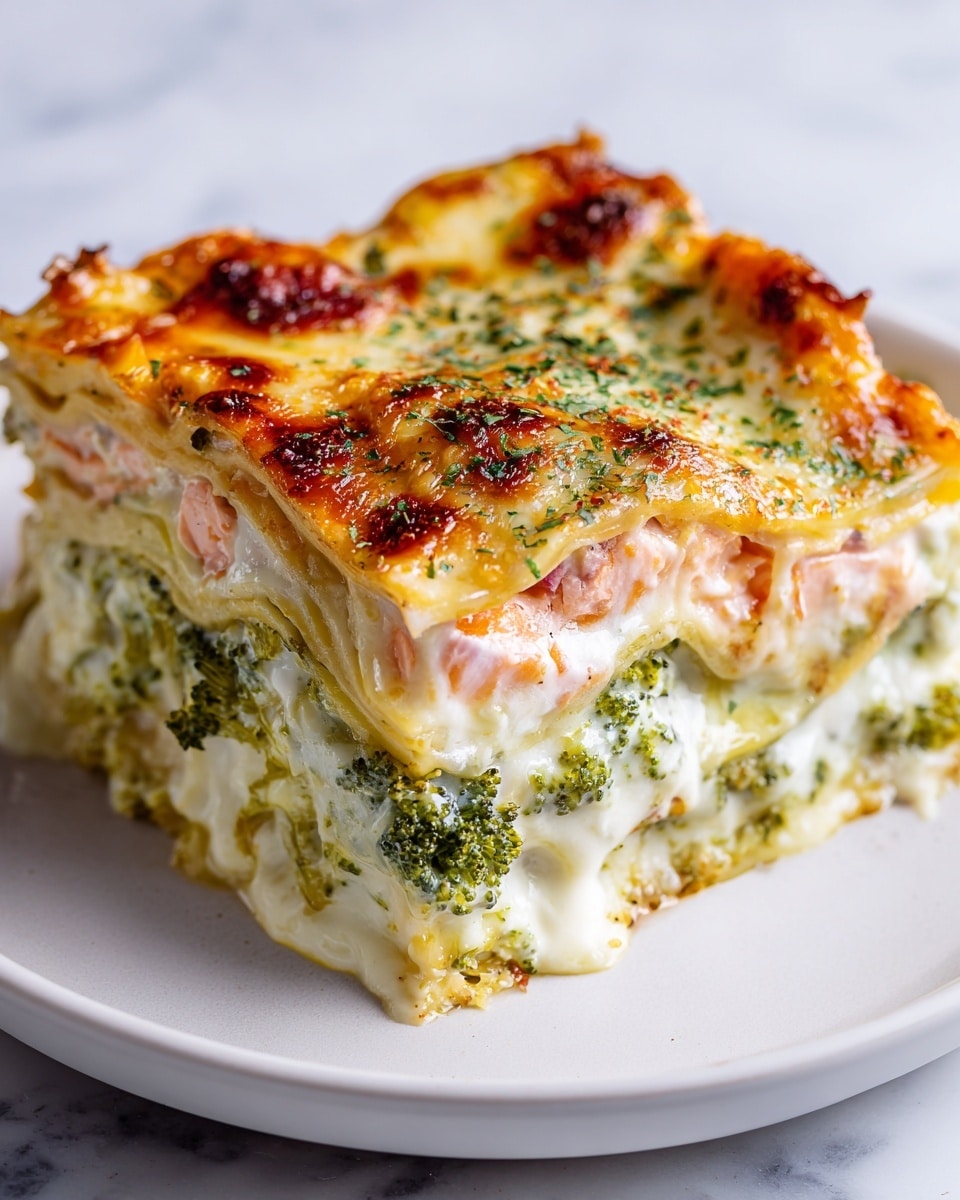 A thick, square piece of lasagna sits on a white plate, showing multiple layers: a golden-brown, bubbly cheese top with melted spots, sprinkled with green herbs; beneath this, creamy white sauce mixed with melted cheese; a layer of green broccoli chunks; and a base layer with bits of light pink meat mixed with sauce. The lasagna's edges are slightly browned and crispy, while the inside looks soft and gooey. The plate rests on a white marbled surface. Photo taken with an iphone --ar 4:5 --v 7