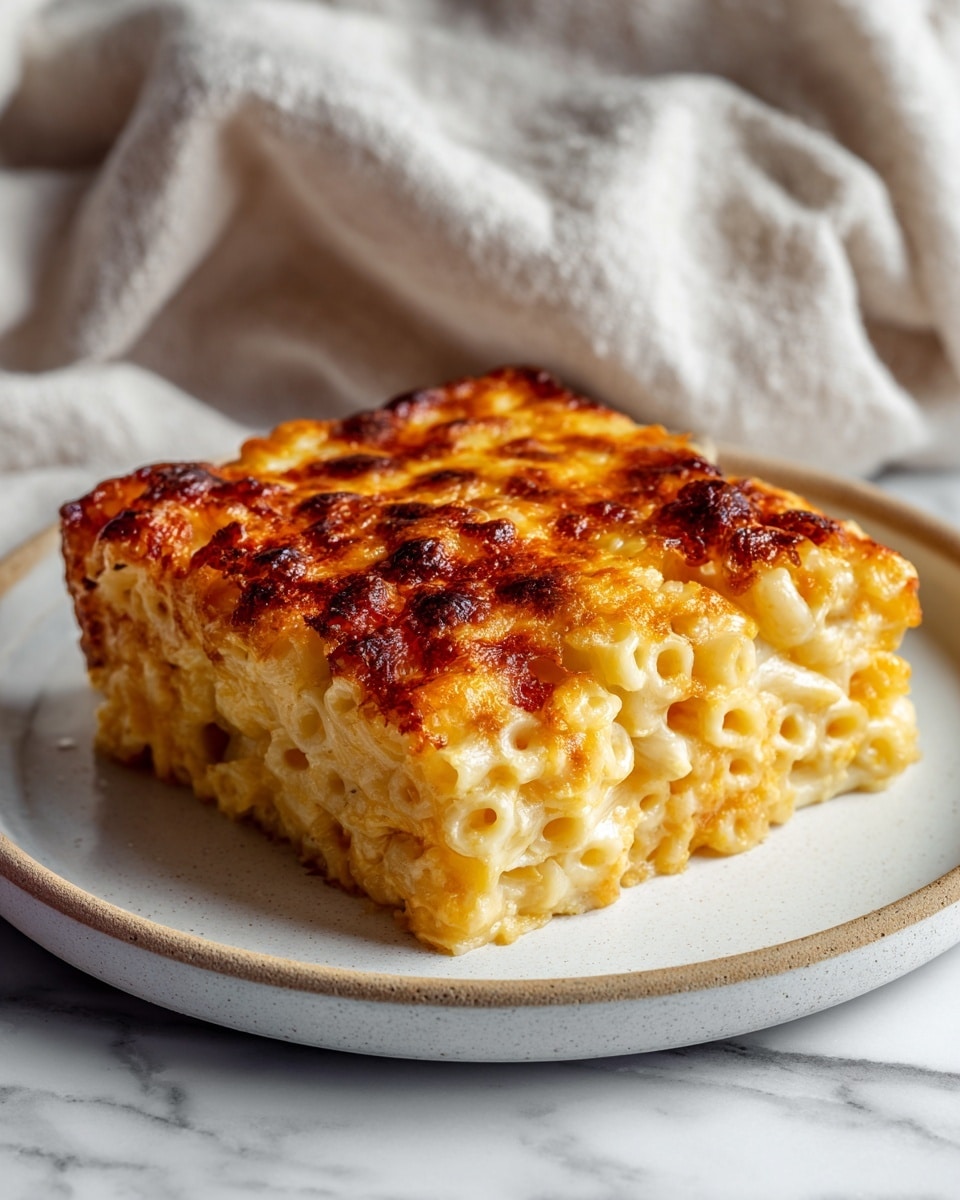 A close-up of a single square piece of baked rice noodle cake on a white plate, showing a dense, tightly packed noodle layer with a golden brown, slightly crispy top layer that glistens, highlighting the texture and caramelization; the noodles inside appear soft and moist with a light yellowish color, all set on a white marbled surface. photo taken with an iphone --ar 4:5 --v 7