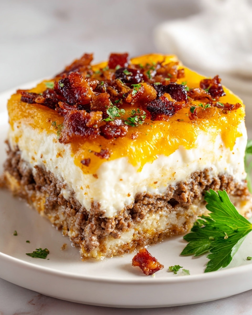 The image shows a square piece of layered casserole on a white plate, placed on a white marbled surface. The bottom layer is a crumbly, cooked ground beef with a light brown color. Above that is a thick layer of creamy, white mixture likely made from eggs and cheese. The top layer is a golden yellow melted cheddar cheese, sprinkled with crispy, dark reddish-brown bacon bits. There is a woman's hand holding a fork near the plate, ready to take a bite. Photo taken with an iphone --ar 4:5 --v 7