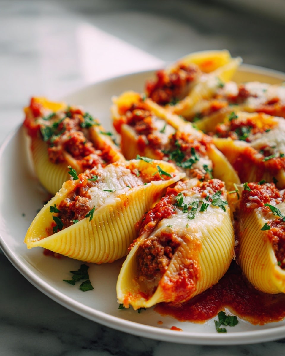 The image shows bright yellow pasta shells stuffed with a rich brown meat sauce, topped with melted cheese that is slightly golden and bubbly. The shells are arranged closely together in a white dish on a white marbled surface, and small green herb bits are sprinkled over the top, adding a touch of freshness. The texture looks creamy and hearty, with the sauce filling the pasta generously. Photo taken with an iphone --ar 4:5 --v 7