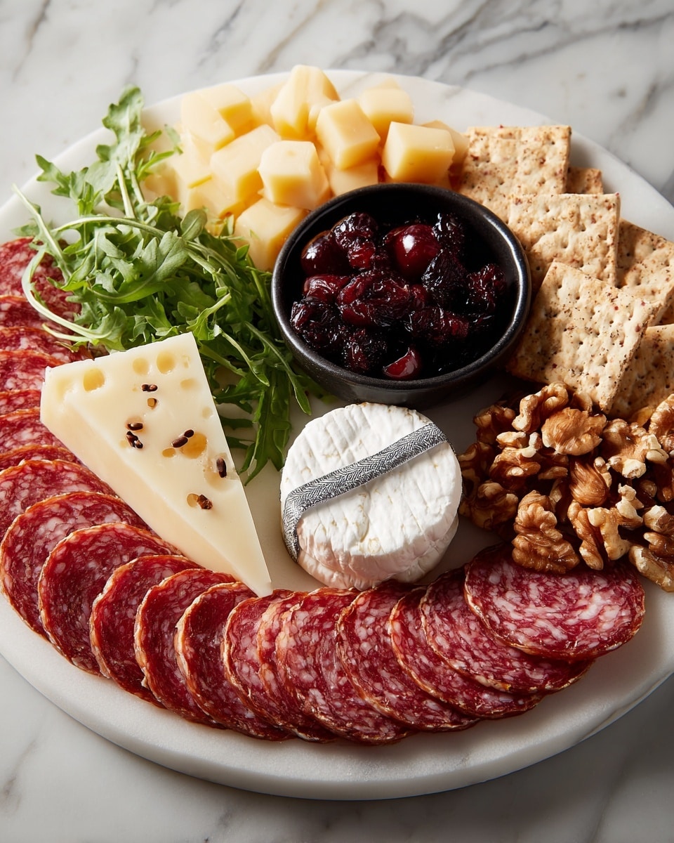 The image shows a close-up of a white plate filled with a variety of sliced meats and cheeses arranged in layers. On the left and bottom edges, there are several slices of marbled salami layered in a fan shape, their reddish color with white fat spots making a textured pattern. Near the center, a small round white cheese wheel wrapped with a silver band sits next to a triangular slice of a firmer pale yellow cheese with some holes and a few dark specks on top. To the right, almond nuts and square crackers with visible rye seeds form small piles, and above them, green arugula leaves add a fresh pop of color. In the center, a small round black bowl is filled with dark red cherries or berries, and towards the upper left, chunks of light yellow cheese are placed next to some walnuts. The entire arrangement rests on a white marbled surface. Photo taken with an iphone --ar 4:5 --v 7