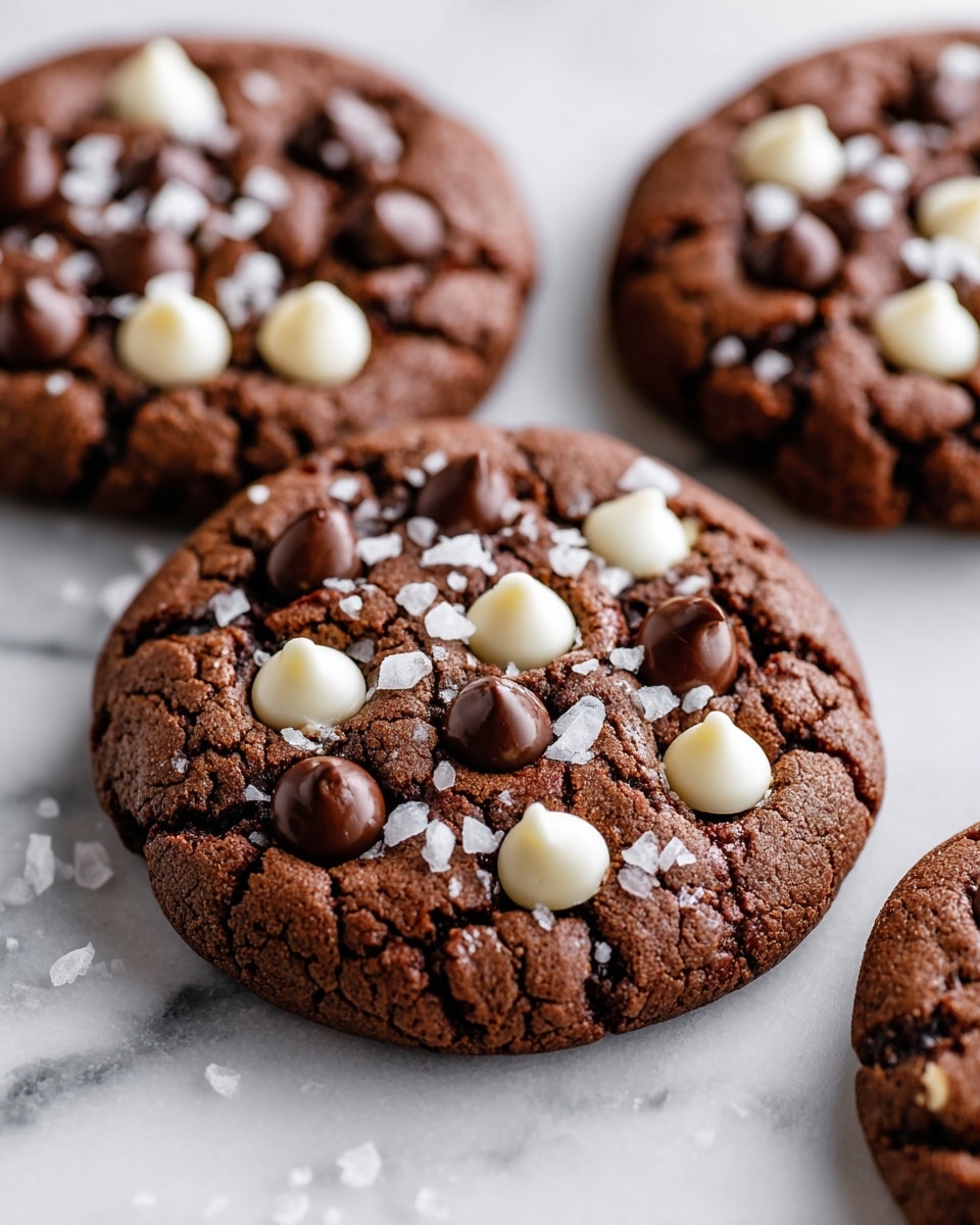 A close-up of three round chocolate cookies placed on a white marbled surface, each cookie showing a soft and slightly cracked texture. The cookies have a rich dark brown base with a mix of dark chocolate chips, white chocolate chips, and light brown caramel chips scattered evenly across the top. Some sprinkles of coarse sea salt are visible, adding contrast and texture. The focus is on the front cookie with the others softly blurred in the background, creating depth in the image. Photo taken with an iphone --ar 4:5 --v 7