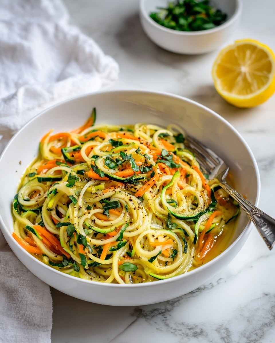A bowl filled with spiralized vegetable noodles, primarily light yellow with green and orange strips interspersed throughout, topped with chopped green herbs and a sprinkle of black pepper. The noodles have a smooth texture with soft, slightly cooked edges. A silver fork rests inside the bowl on the right side. Nearby, a small white bowl holds leftover noodles, and a white marbled surface supports the bowls and a half lemon and a small white bowl containing green herbs. photo taken with an iphone --ar 4:5 --v 7