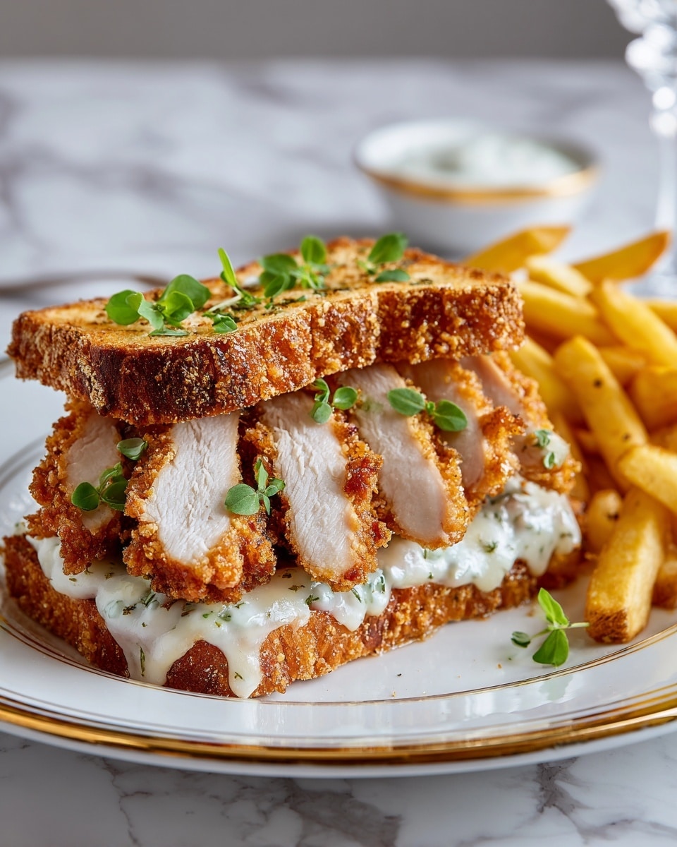 The image shows a sandwich open-faced on a white plate with gold trim, placed on a white marbled surface. The bottom layer is a crispy, golden-brown bread slice with melted white cheese spread thickly. On top of the cheese, there are several thick slices of fried chicken breast, light brown and crispy on the edges, with a white, juicy center, garnished with small green herb leaves. The sandwich is topped with the other crispy bread slice, positioned slightly above and resting diagonally. In the back right side of the plate, there is a pile of thick, golden-yellow French fries. A small white bowl filled with white creamy sauce is blurred in the background. Photo taken with an iphone --ar 4:5 --v 7