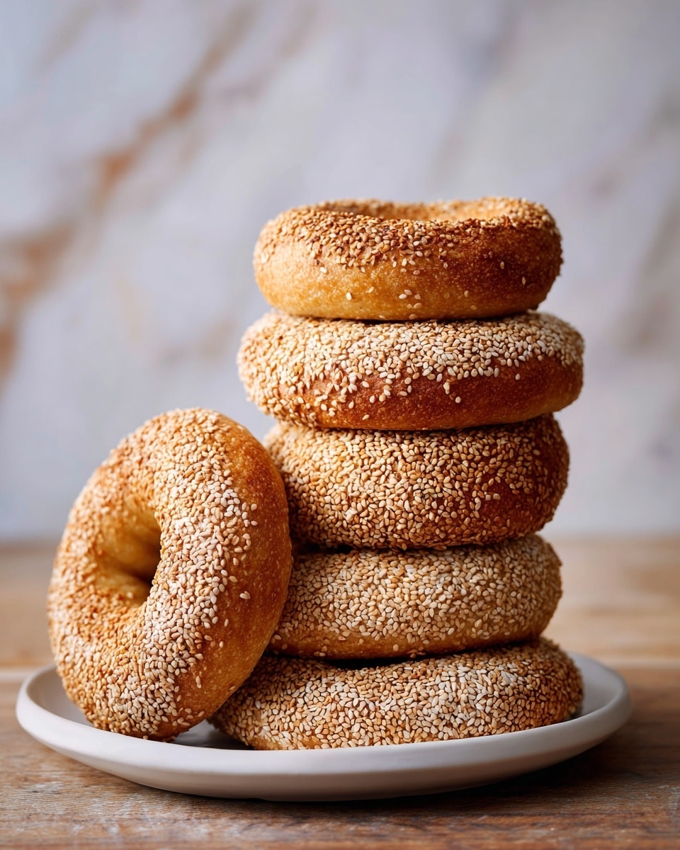 A tall stack of sesame-covered bagels with a golden-brown crust sits on a white plate, each bagel displaying a rough texture topped densely with toasted sesame seeds. The bagels are piled high, several layers thick, with some leaning on each other, showing their airy, light interior and glossy tops. The background features a white marbled texture that contrasts softly with the warm colors of the bagels. photo taken with an iphone --ar 4:5 --v 7