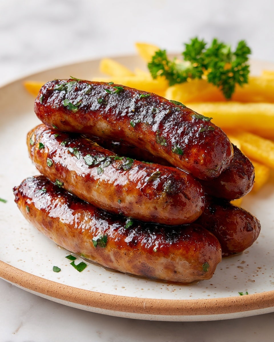 A white bowl with a golden brown rim holds five grilled sausage links with a crisp, dark brown outer layer and small bits of chopped green parsley on top. The sausages are stacked in two layers, three on the bottom and two on top. In the back of the bowl, there is a small pile of cooked yellow potato strips and a fresh green parsley leaf for garnish. The bowl sits on a table with a white marbled texture. photo taken with an iphone --ar 4:5 --v 7