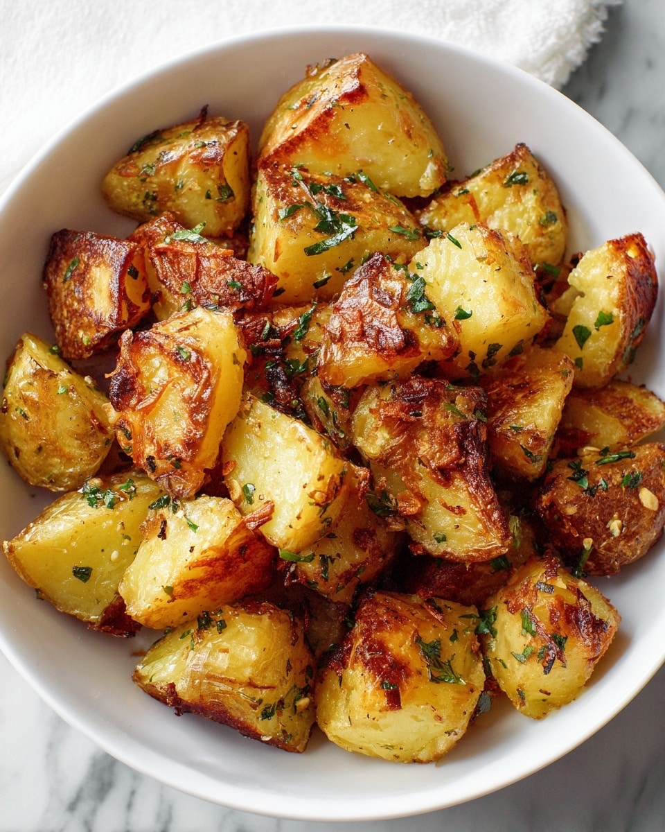 This image shows a white bowl filled with golden-brown roasted potato pieces, each coated with green herbs and spices. The potatoes have a crispy texture with visible charred spots, showing a mix of crispy edges and soft centers. The herb seasoning is spread evenly over the potatoes, adding small bits of green all over. The bowl sits on a wooden surface. Photo taken with an iphone --ar 4:5 --v 7