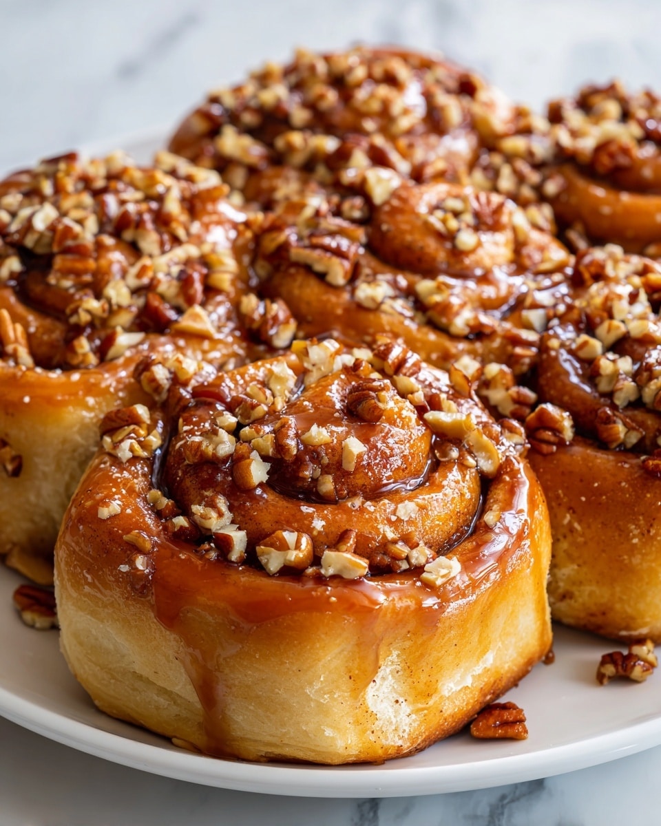 A close-up of four cinnamon rolls arranged tightly on a white plate, each roll showing a spiral shape with a light golden brown dough base. The top layer is a glossy, sticky caramel glaze coating the rolls, sprinkled generously with chopped pecans and whole pecan halves placed near the center of each roll. The texture of the cinnamon swirl is visible beneath the glaze, revealing a soft, fluffy interior. The scene is set on a white marbled surface, enhancing the warm tones of the rolls. photo taken with an iphone --ar 4:5 --v 7