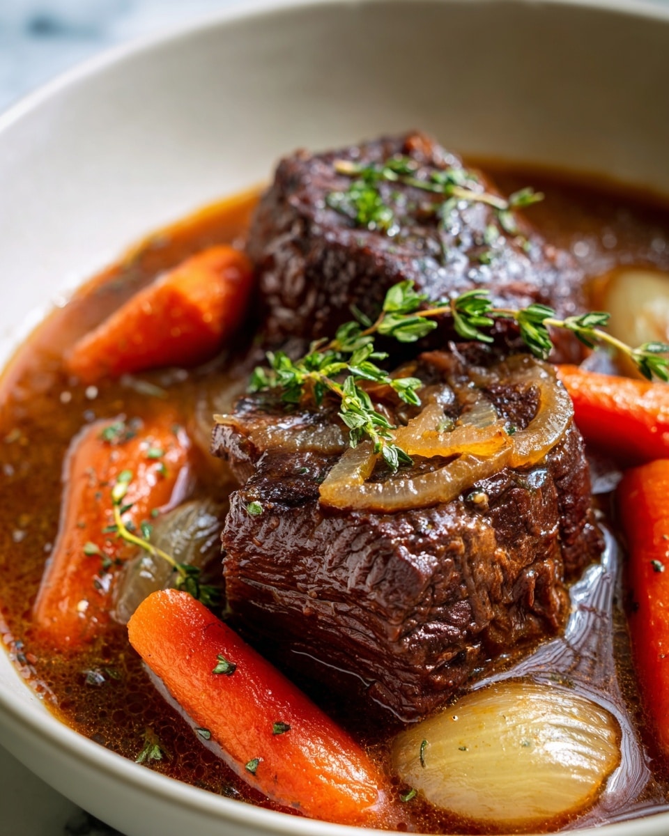 A close-up of a white bowl filled with a rich, dark brown beef stew. The dish has three main layers: at the bottom is a thick, glossy brown gravy sauce, in the middle are large pieces of tender browned beef topped with soft translucent caramelized onions, and scattered around are whole cooked carrots and large halves of cooked yellow onions, both slightly glossy and speckled with black pepper. On top of the beef, there is a small green sprig of fresh thyme adding a fresh touch. The bowl sits on a white marbled textured surface. Photo taken with an iphone --ar 4:5 --v 7