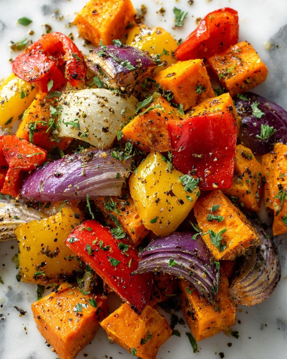 The image shows a close-up of roasted vegetables on a white plate, featuring large chunks of bright orange butternut squash, pieces of red onion with a slightly charred outer layer, and red and yellow bell pepper slices. The vegetables are coated with herbs and spices, giving a speckled look of green and black finely chopped herbs on their glossy roasted surfaces. The vegetables have a roasted texture with some edges showing browning. Photo taken with an iphone --ar 4:5 --v 7