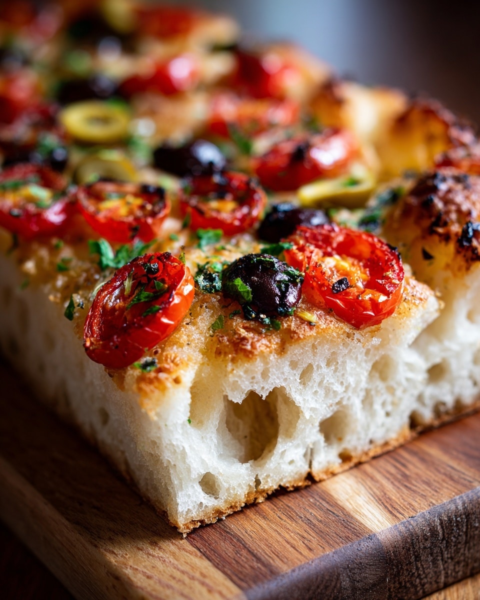A close-up view of a rectangular focaccia bread slice showing a thick, airy bottom layer with a light golden crust and visible bubbles inside. The top layer is covered in a mix of bright red cherry tomato halves, green olives, chunks of garlic, and herbs scattered unevenly, adding texture and color contrast. The bread rests on a wooden board, highlighting the rich colors and softness of the dough against the rustic surface. The image has warm lighting that emphasizes the freshness and crispiness of the toppings. Photo taken with an iphone --ar 4:5 --v 7
