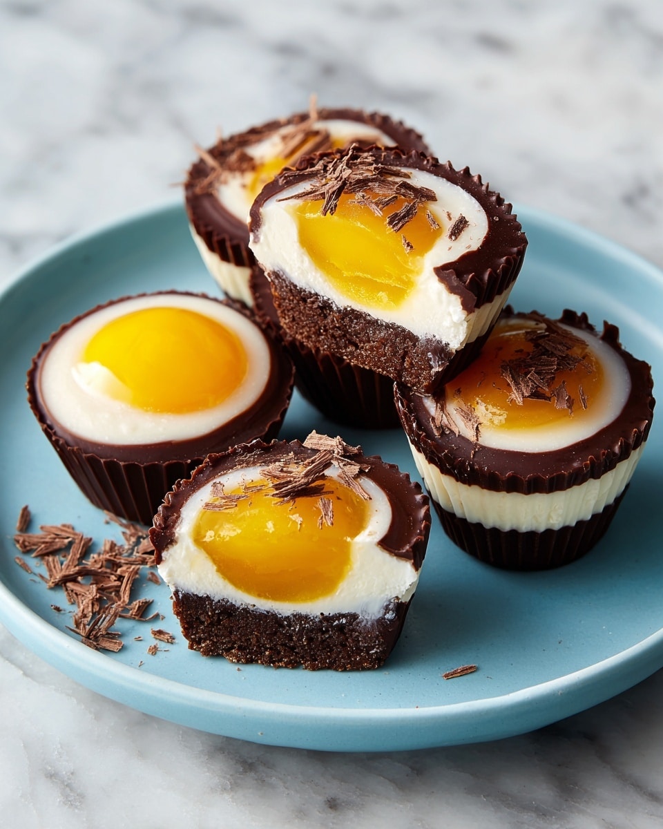 A light blue plate holds five small round desserts, each resembling a fried egg. Each dessert has three layers: the bottom layer is a dark brown chocolate cup with ridged edges, the middle layer is smooth and white, looking creamy in texture, and the top layer is a bright yellow, glossy dome representing the yolk. One dessert is cut in half and placed on top of another, showing the inside with a thick yellow center surrounded by white cream, all encased in a thin chocolate shell. Some chocolate shavings are scattered on the white cream of the desserts. The plate sits on a white marbled surface. photo taken with an iphone --ar 4:5 --v 7