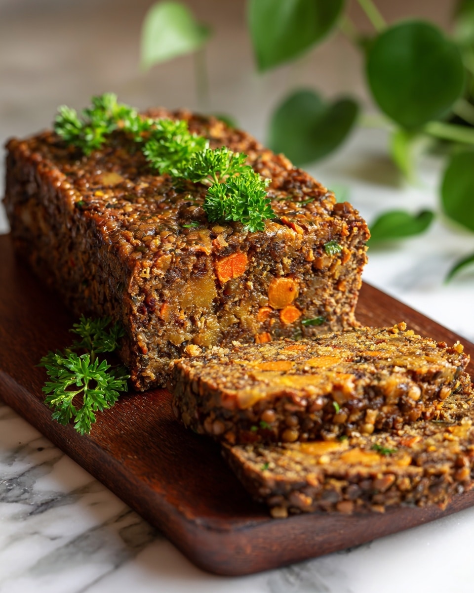 A close-up view of a two-layered lentil loaf on a wooden board. The loaf is dark brown with visible lentils, small orange carrot chunks, and green herbs mixed evenly throughout. The top layer is slightly shiny and garnished with fresh green parsley leaves sprinkled on it. Behind the loaf, there are some blurred pale yellow potato cubes. The board is placed on a white marbled surface with some green parsley leaves around it, adding a fresh touch. photo taken with an iphone --ar 4:5 --v 7