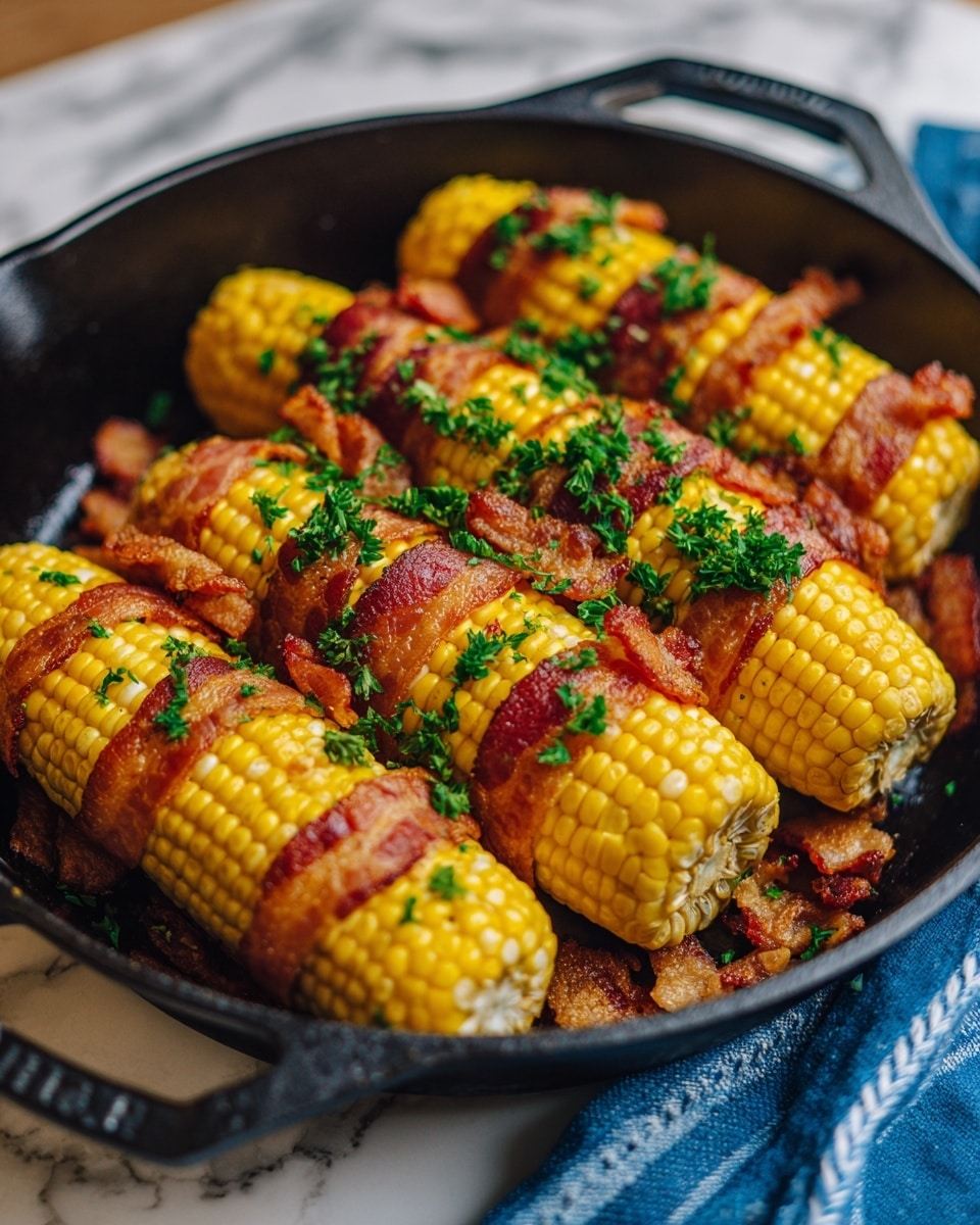 The image shows a black cast iron pan filled with seven whole yellow corn cobs that have some lighter, white kernels mixed in. The corn cobs are topped and surrounded by crispy, browned bacon pieces with a slightly rough texture. Small green parsley bits are scattered evenly over the corn and bacon, adding a fresh color contrast. The surface underneath the pan is a white marbled texture, and a blue cloth with some white lines is visible on the right side. photo taken with an iphone --ar 4:5 --v 7
