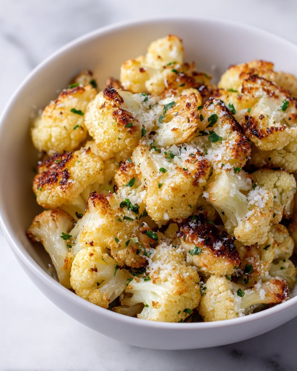 A bowl filled with about fifteen small cauliflower florets that are golden brown and crispy on the outside with a light sprinkling of white grated cheese and small green herb pieces on top. The cauliflower has a slightly rough texture with some flowering parts showing, and the bowl is white with a smooth inside. The background is a white marbled texture with a blurred part showing some green herbs and a wooden plate with a person’s woman’s hand holding a spoon in the upper right corner. photo taken with an iphone --ar 4:5 --v 7