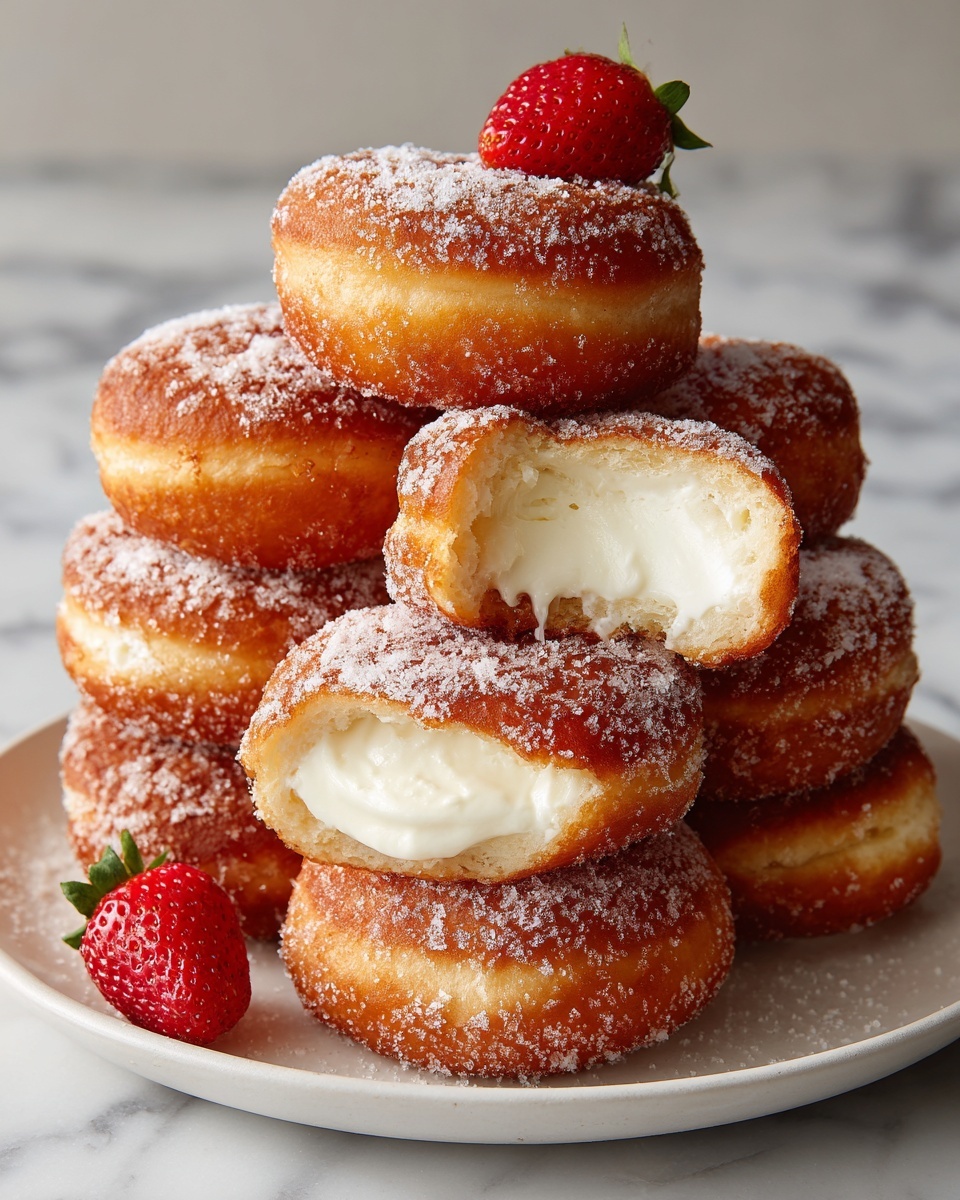 A stack of six golden-brown mini doughnuts, each coated with a layer of powdered sugar giving a slightly rough, snowy texture; two doughnuts in the front have bites taken from them, revealing creamy, smooth, pale yellow filling inside. The doughnuts are arranged on a simple white plate, with one doughnut at the top adorned with a fresh, bright red strawberry. The background is a white marbled surface with some powdered sugar lightly dusted around the plate. photo taken with an iphone --ar 4:5 --v 7