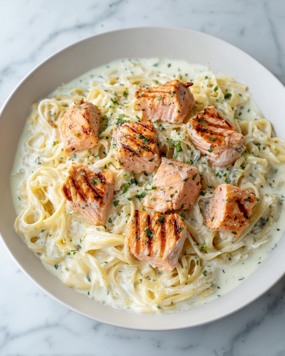 A white shallow bowl holds creamy fettuccine pasta covered in a smooth, pale yellow sauce. On top, there are several pieces of cooked salmon, cut into medium-sized chunks with a light pink color and slightly crispy edges. Thin green herb sprigs are lightly scattered over the dish, adding a touch of freshness. The creamy sauce looks thick and coats the pasta evenly, while the salmon pieces rest naturally on the noodles. The bowl sits on a white marbled surface, and the scene is softly lit. Photo taken with an iphone --ar 4:5 --v 7