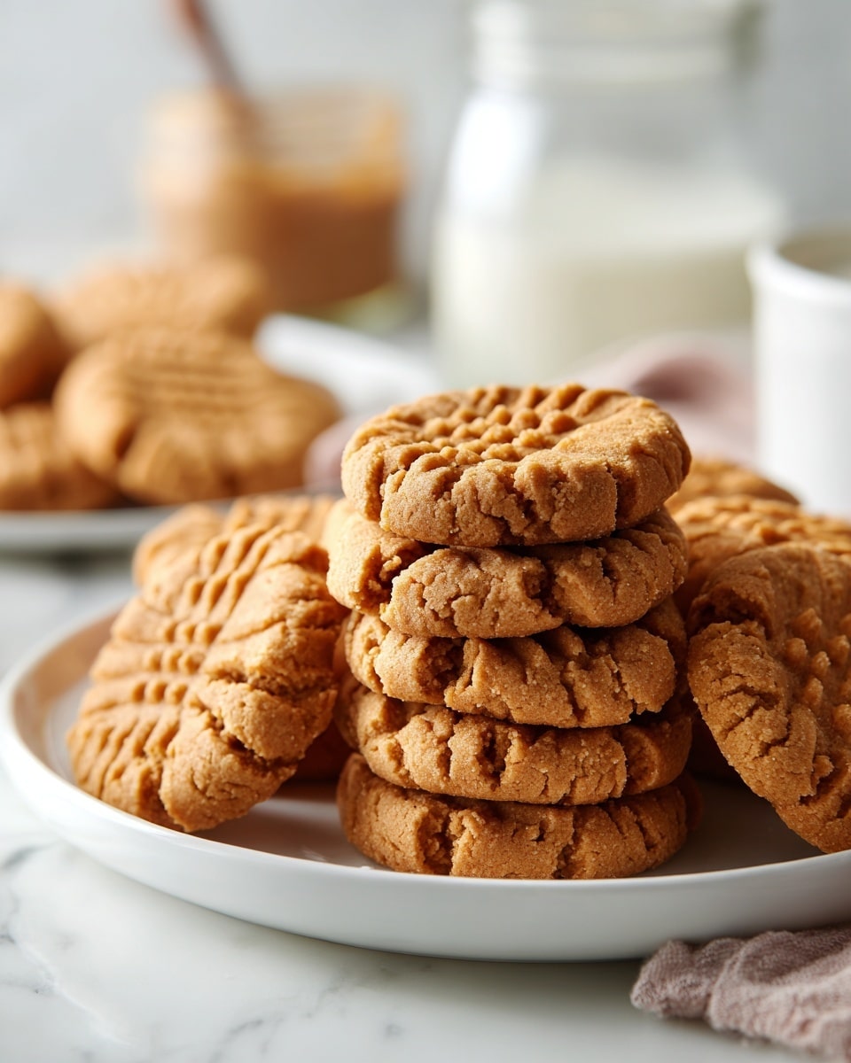 A white plate filled with a pile of golden-brown peanut butter cookies stacked in a neat heap, each cookie showing a crisscross fork pattern on top with a slightly cracked texture, sitting on a white marbled surface with blurred kitchen items in the background. Photo taken with an iphone --ar 4:5 --v 7