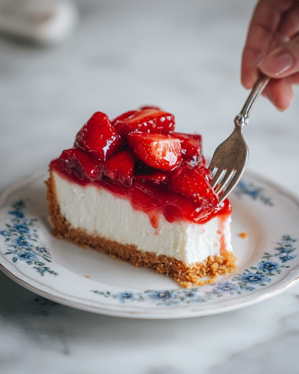 A slice of strawberry cheesecake sits on a white plate with a delicate pink floral border, placed on a white marbled surface. The dessert has three layers: a crunchy brown biscuit base at the bottom, a thick creamy white middle layer, and a glossy bright red strawberry topping with whole strawberry pieces scattered on top. The texture of the cheesecake looks smooth and soft, while the strawberry layer appears shiny and fresh. A silver spoon rests next to the slice, adding to the inviting scene. Photo taken with an iphone --ar 4:5 --v 7