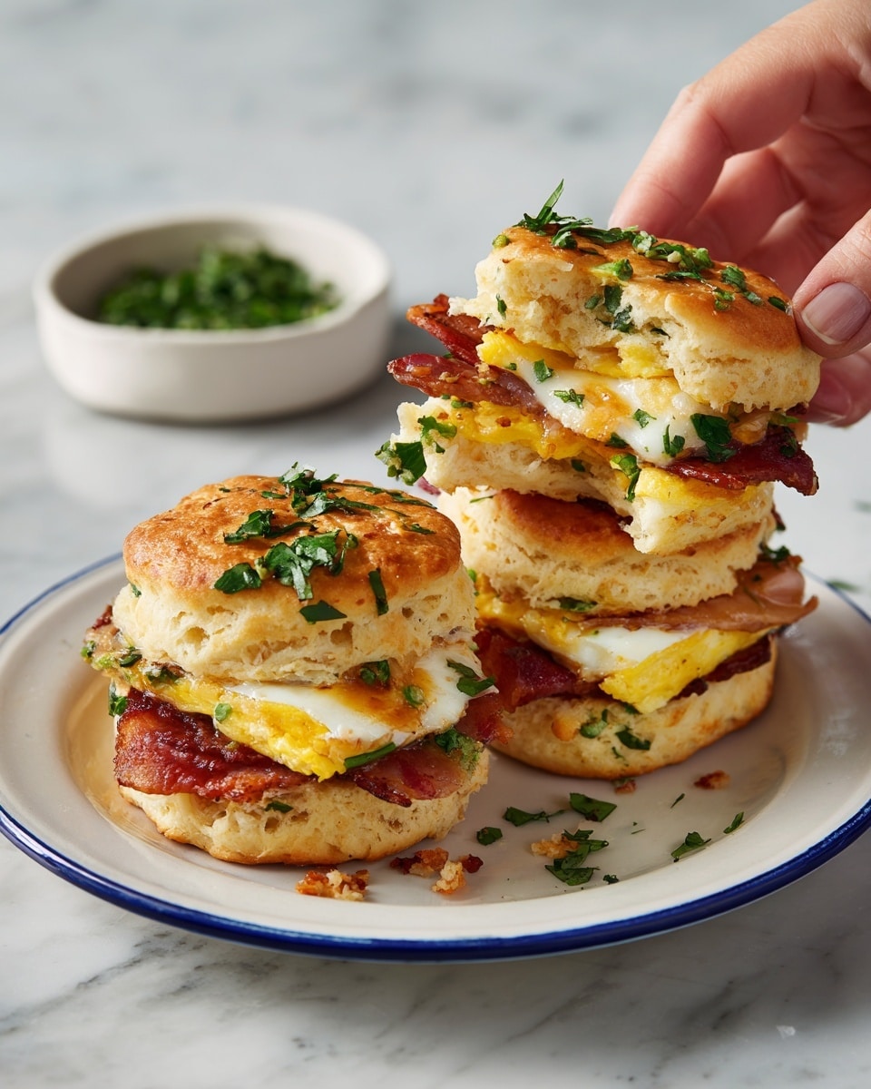 Three small round quiches sit on a white plate with blue edges, each quiche having a golden brown crust. The top layer shows melted cheese with bits of crispy bacon and small pieces of green herbs scattered across. The middle layer is creamy and light yellow, slightly firm in texture. One quiche has a bite taken out, showing the smooth inside. A small bowl of green herbs is blurred in the background on a white marbled surface. Photo taken with an iphone --ar 4:5 --v 7