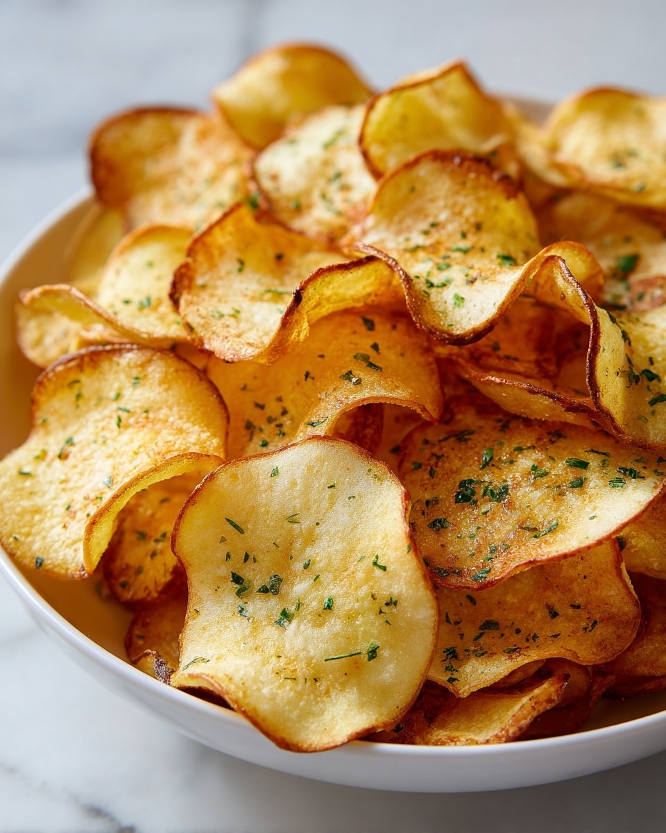 The image shows a close-up of a pile of thin, crispy, golden-brown chips with curled edges in a white bowl. Each chip has a slightly ruffled texture and some light green herb sprinkles on top, adding a touch of color contrast. The chips have a mix of light to dark golden hues with some edges appearing darker and almost reddish-brown. The background is a white marbled texture. Photo taken with an iphone --ar 4:5 --v 7