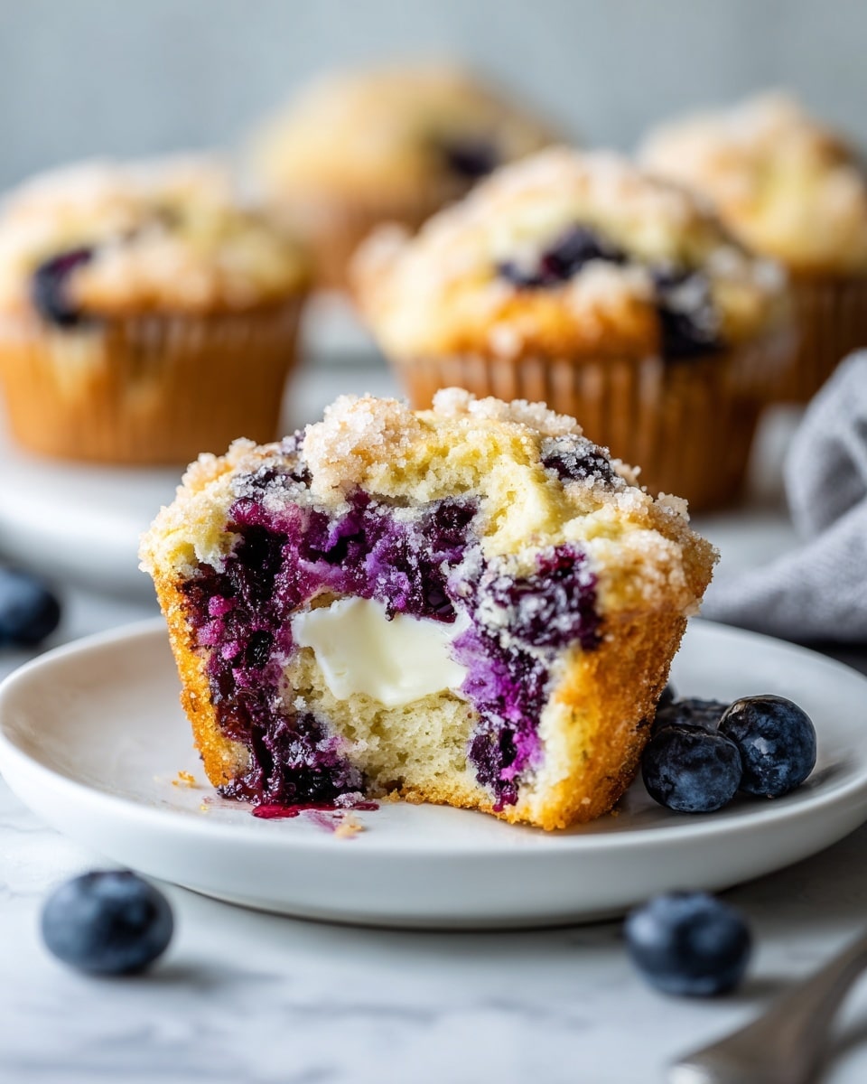 The image shows a partially eaten muffin placed on a white plate on a white marbled surface, showcasing three clear layers: a crumbly golden brown top strewn with sugar crystals, a middle layer filled with juicy, dark purple blueberries that burst slightly with juice, and a creamy white center of butter slowly melting within the muffin's light golden cake base; in the blurred background, two more whole muffins sit, giving depth to the scene. photo taken with an iphone --ar 4:5 --v 7