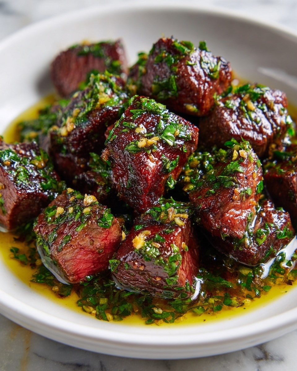 A close-up of several medium-cooked steak cubes arranged in a shallow white bowl, each piece showing a seared dark brown crust with a slightly pink center, topped with fresh green chopped herbs and small golden garlic bits, all glistening with a shiny layer of golden oil that pools at the bottom of the bowl, placed on a white marbled surface. photo taken with an iphone --ar 4:5 --v 7